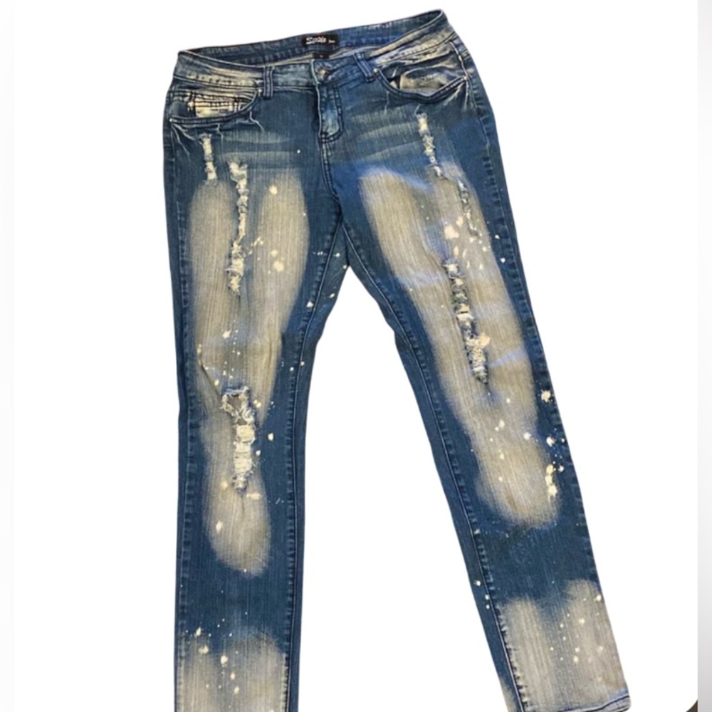 Sizzle Jeans Women's 11 Blue Distressed  Stretch Denim Missing Button On Pocket